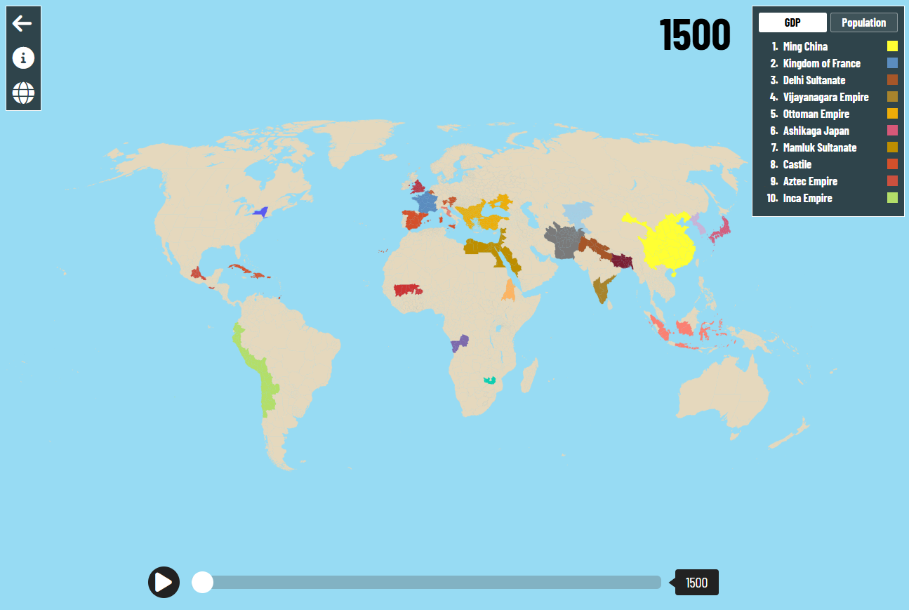 Political map of the world in 1500, showing major civilizations colored by entity